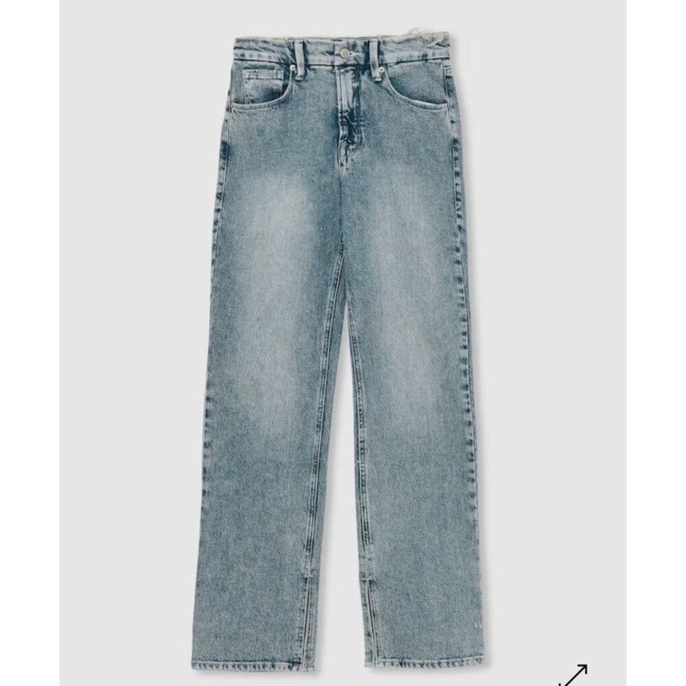 Good American Good Icon Split Hem Jeans Sz 12/31 Raw Waist Light Wash Straight